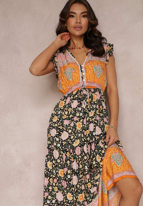 Czarno-Pomarańczowa Sukienka z Wiskozy z Gumką i Sznurkiem w Pasie Anash