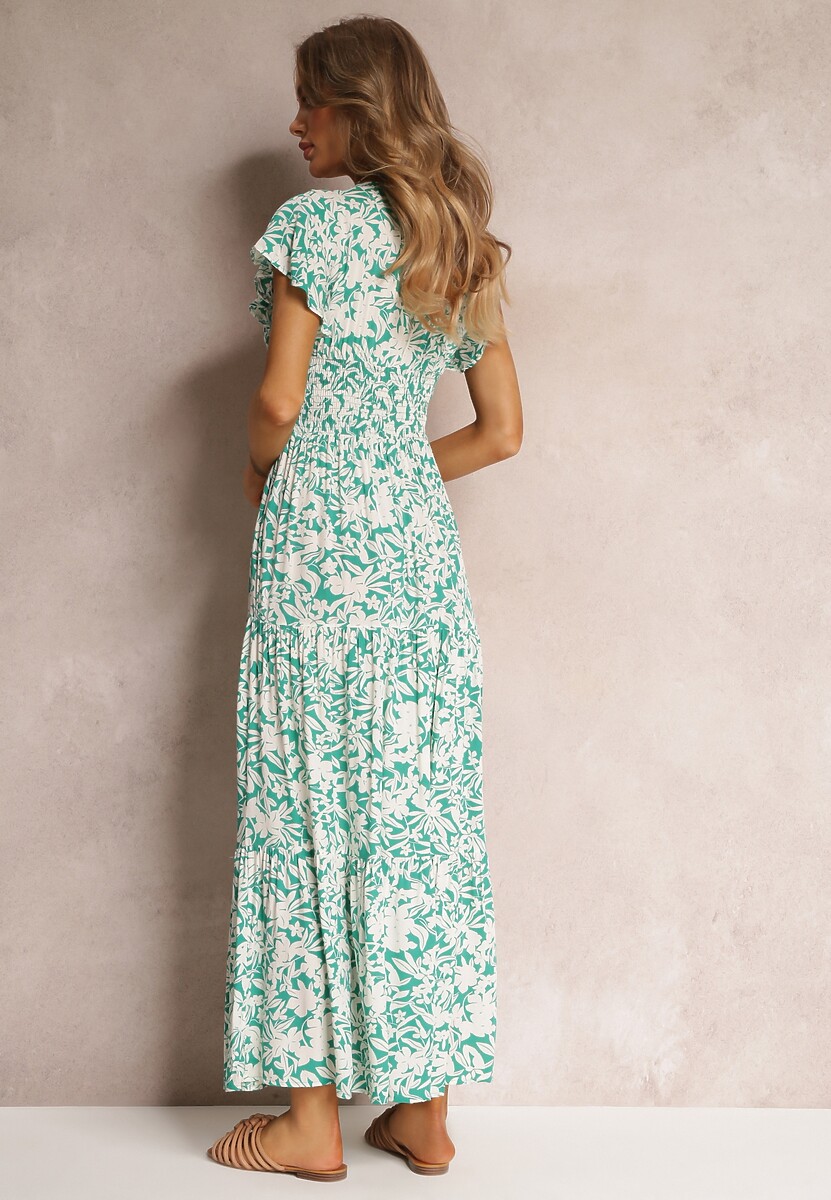 Jasnozielono-Biała Wiskozowa Sukienka Maxi z Gumką w Talii i Falbankami Maethia