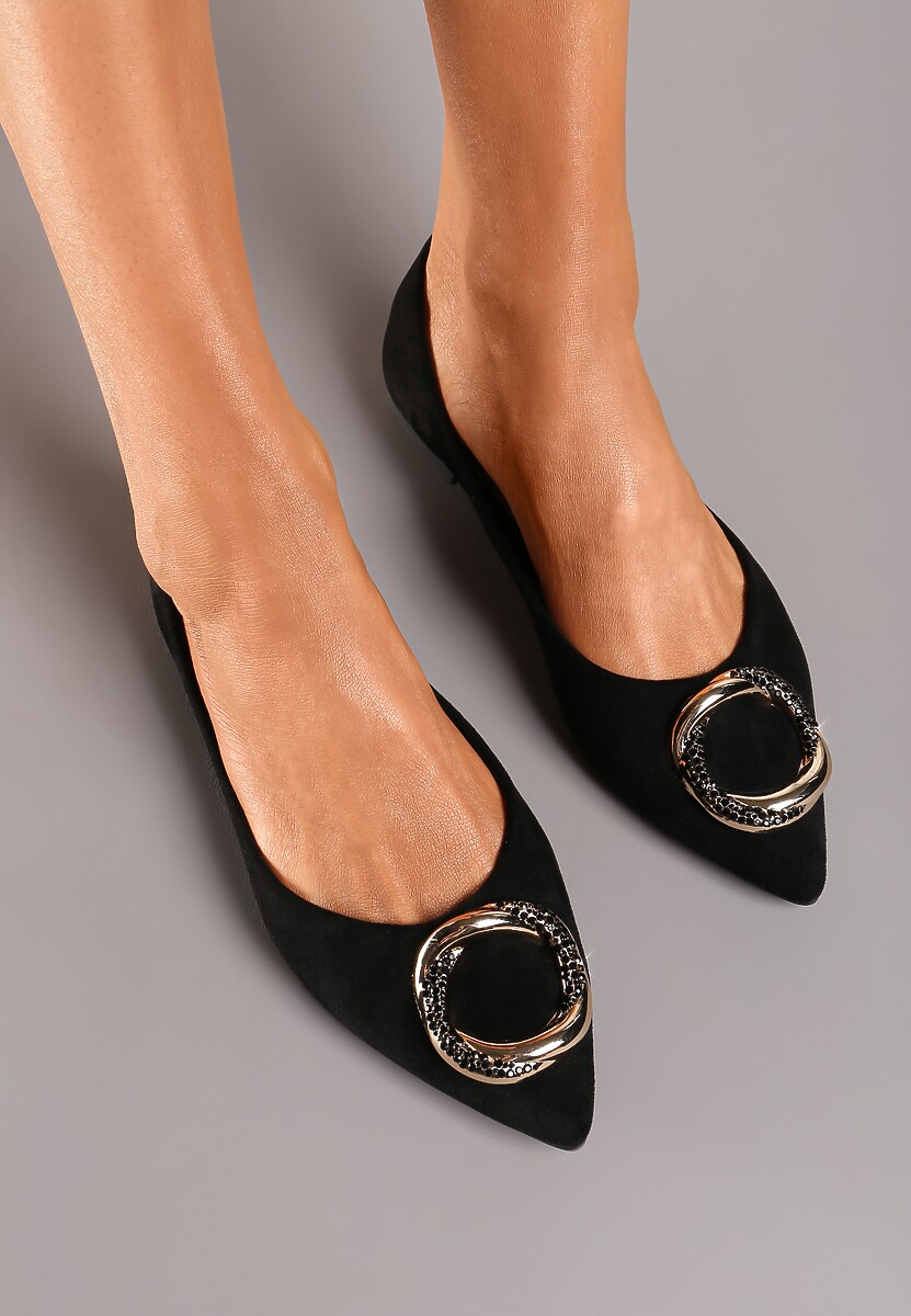 Czarne Płaskie Balerinki Ozdobione Aplikacją o Złotym Wykończeniu Edolia