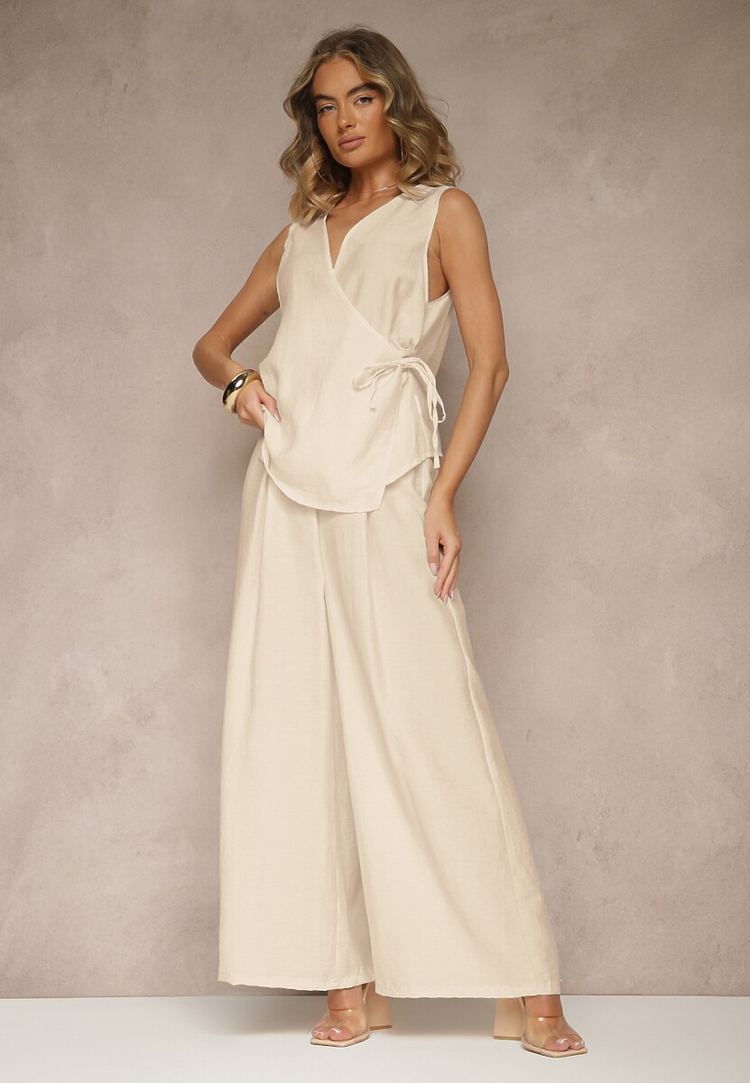 Czarny Komplet z Lnem Spodnie o Szerokim Kroju i Bluzka z Wiązaniem Idanira