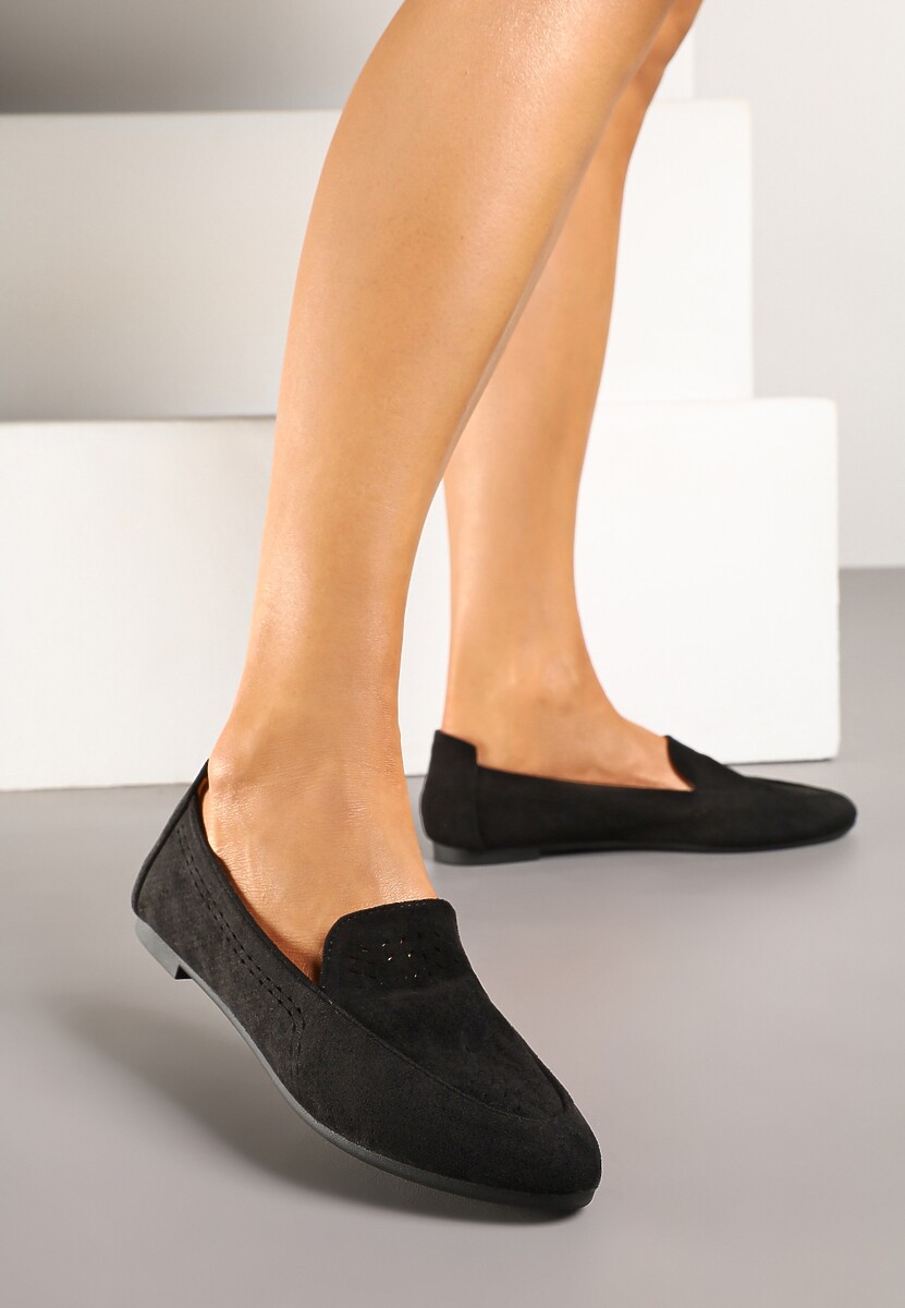 Czarne Ażurowe Mokasyny Balerinki z Wkładką ze Skóry Naturalnej Ollana