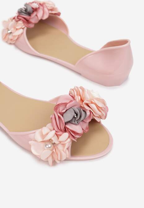 Różowe Balerinki Meliski Peep Toe z Kwiatową Aplikacją Idalina
