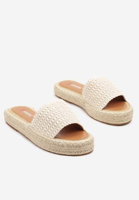 Beżowe Klapki na Plecionej Platformie Ozdobione Szydełkowym Wzorem Nuritea
