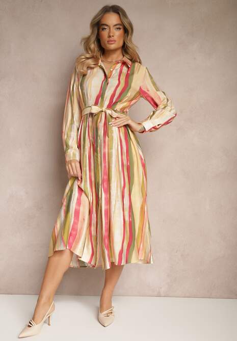 Beżowa Sukienka Koszulowa Wiązana w Talii w Paseczki Merilsa