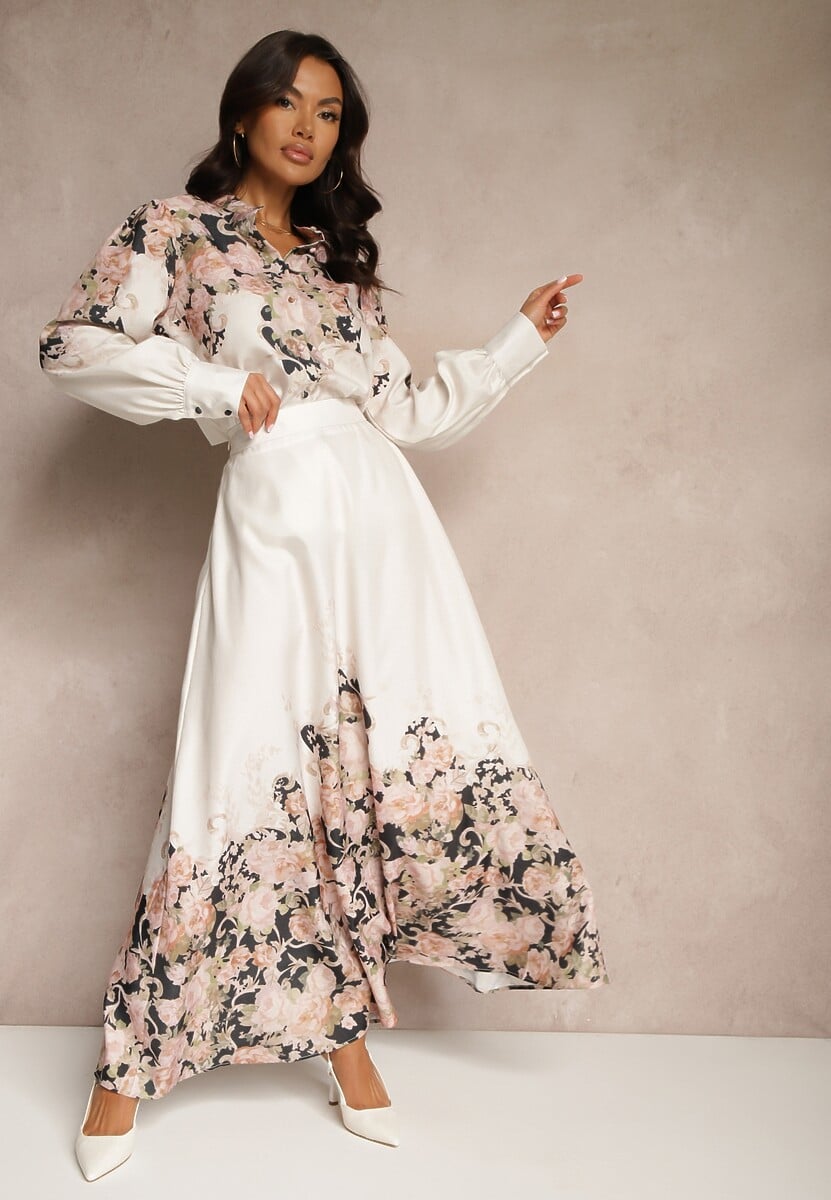 Beżowy Komplet z Wiskozy w Kwiaty Koszula i Rozkloszowana Spódnica Camelna