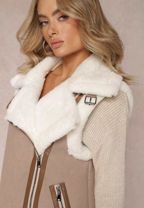 Beżowa Kamizelka Bezrękawnik z Asymetrycznym Zapięciem i Futerkiem Sadarra