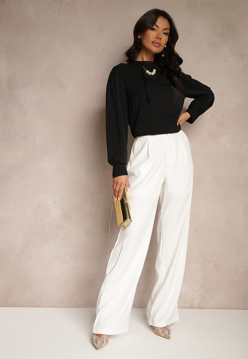 Czarna Bluzka z Ozdobnymi Perełkami i Falbaną Mirretis