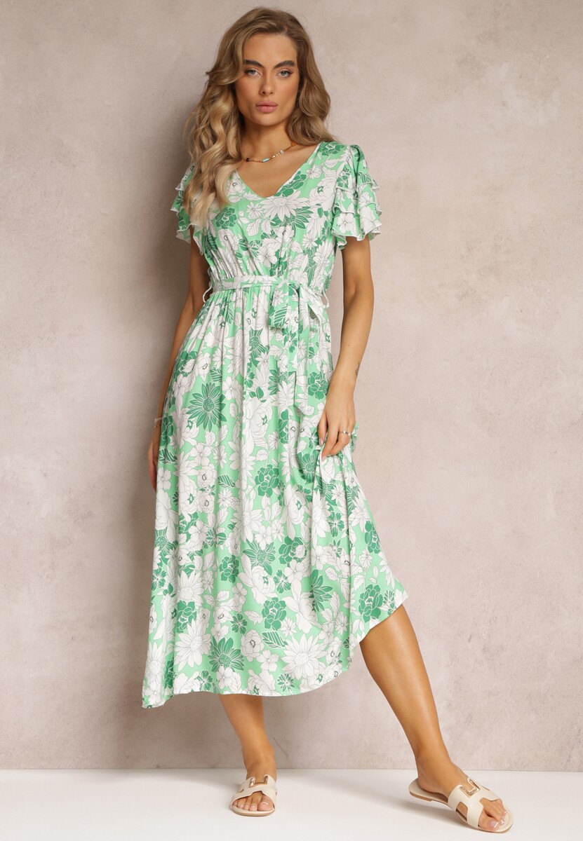 Zielona Sukienka z Wiskozy w Kwiaty z Wiązanym Paskiem Malore