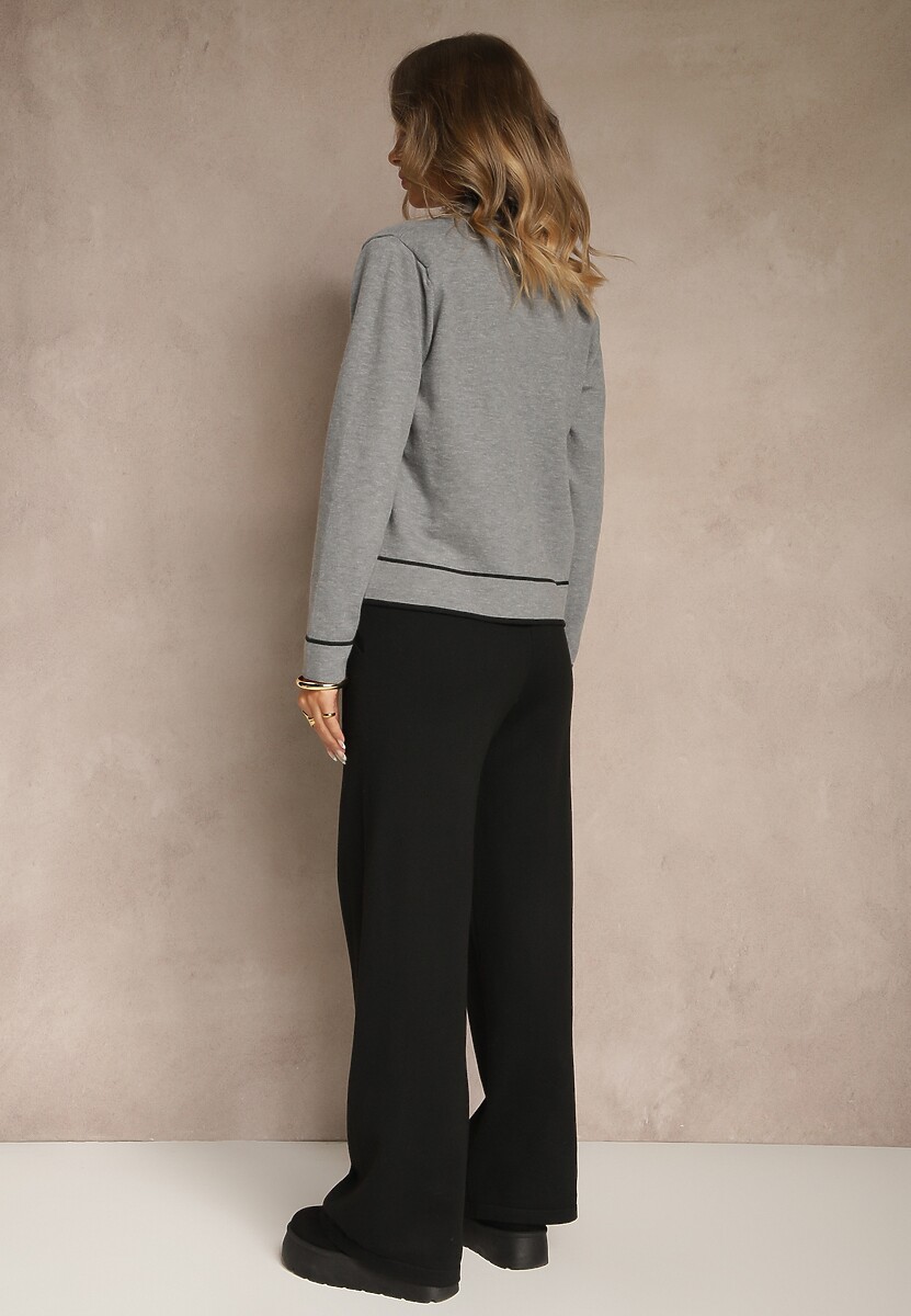 Szary Komplet z Dzianiny Spodnie Wide Leg i Retro Kardigan Giosila