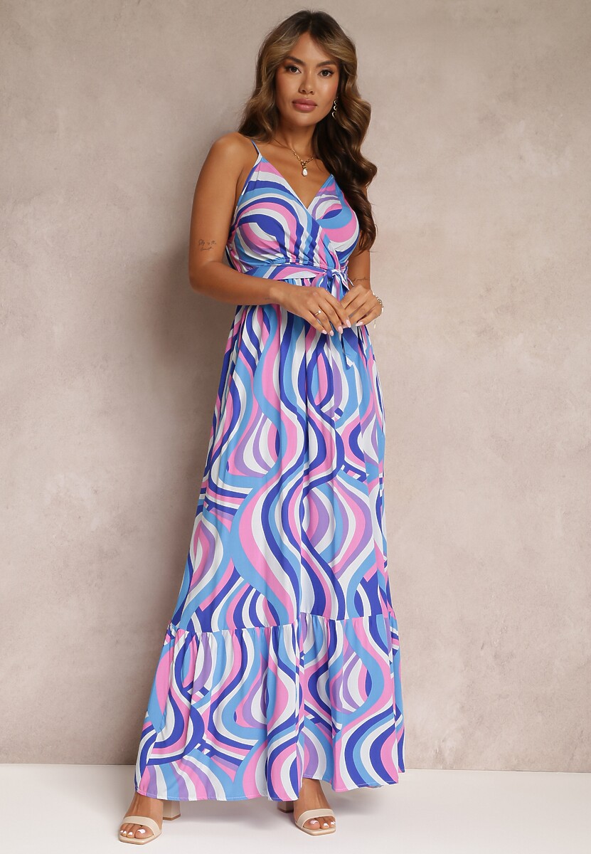 Niebieska Rozkloszowana Sukienka Maxi z Wiskozy z Gumką w Pasie i Kopertowym Dekoltem Mailen