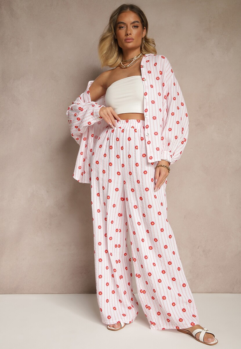 Biało-Czarne Szerokie Spodnie High Waist z Bawełny z Gumką w Talii Ranivaria