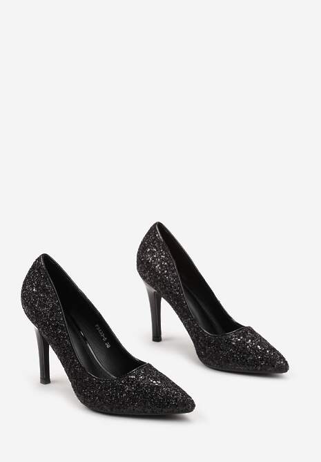 Czarne Błyszczące Szpilki z Noskiem w Szpic i Kryształkami Mirar