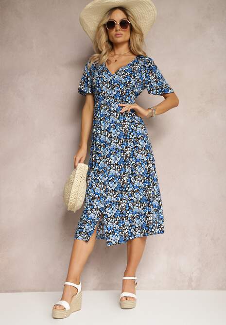 Niebiesko-Granatowa Wiskozowa Sukienka z Guzikami w Kwiecisty Wzór z Trójkątnym Dekoltem Neliafa