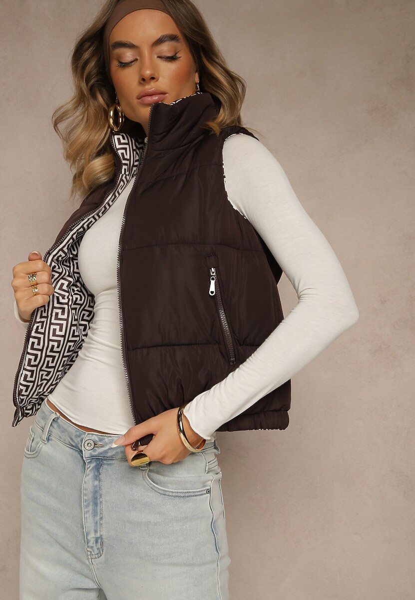 Brązowa Kamizelka Ozdobiona Pikowaniem i Wzorzystą Podszewką w Meander Olerea