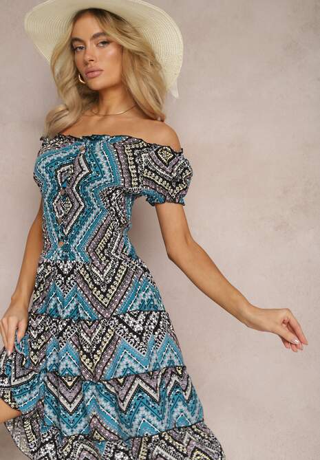 Zielono-Czarna Elastyczna Sukienka Boho z Hiszpańskim Dekoltem z Bawełny  Solphina