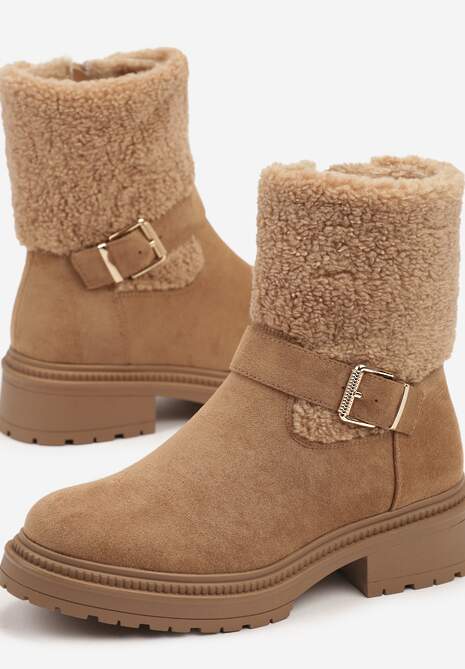 Brązowe Botki Bikery na Płaskiej Podeszwie Ozdobione Klamrą i Paskiem Nelabia