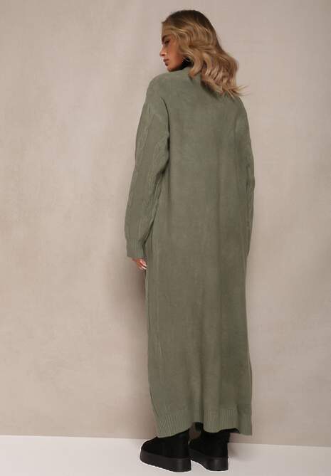 Zielony Kardigan o Wydłużonym Fasonie Niezapinany ze Splotem w Warkocz Ottimia