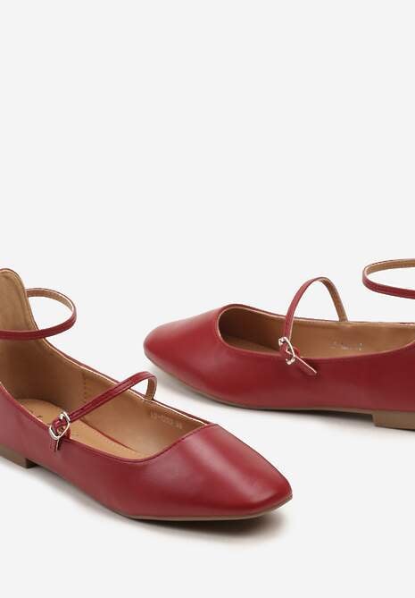 Bordowo-Czerwone Balerinki z Imitacji Skóry na Płaskiej Podeszwie z Dwiema Sprzączkami Rosalalia