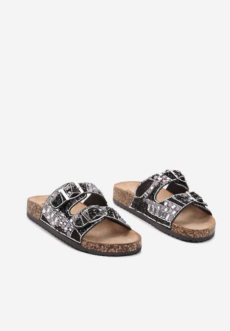 Czarne Płaskie Klapki z Imitacji Skóry z Klamrami Ozdobione Cyrkoniami i Kamykami Allenda