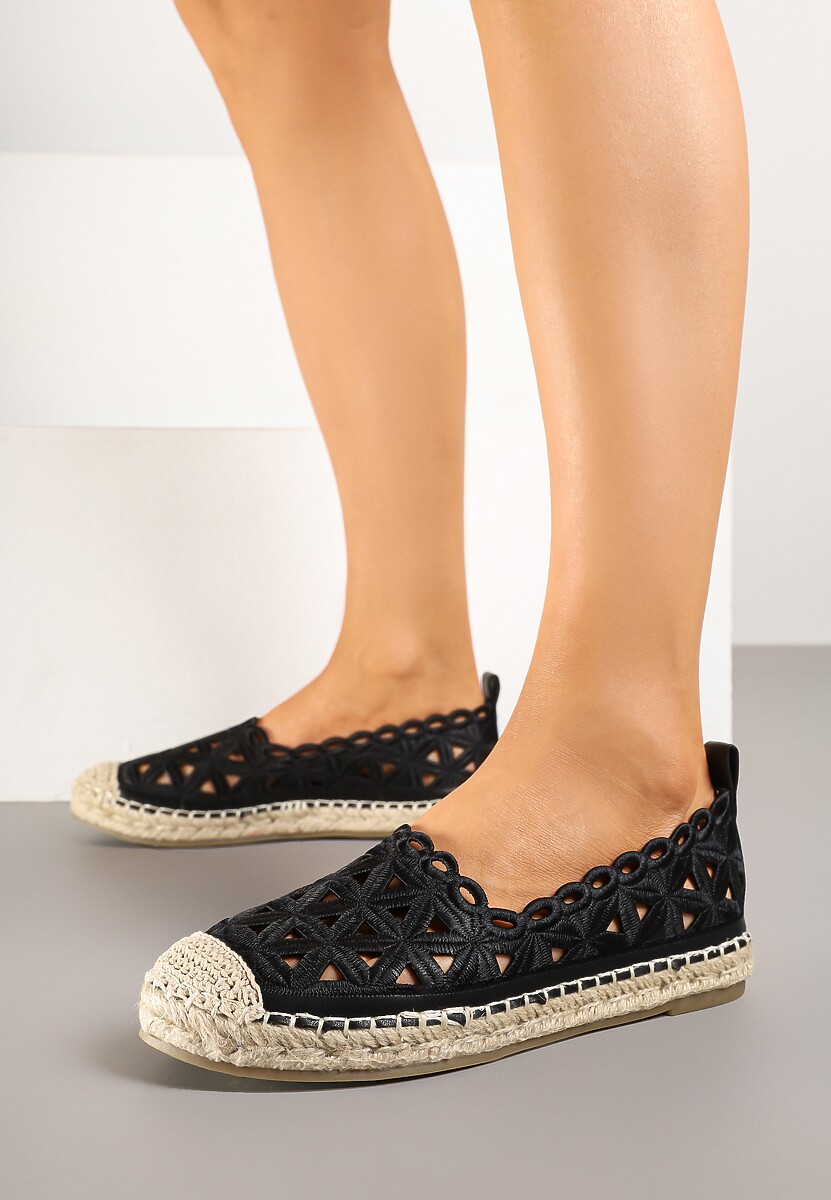 Czarne Ażurowe Espadryle Ozdobione Plecionką Meranovia