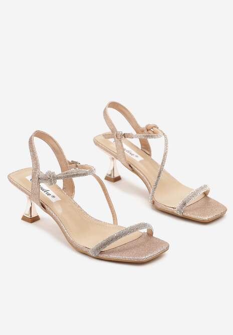 Szampańskie Sandały na Ozdobnym Obcasie z Cyrkoniami na Paseczkach Emkio