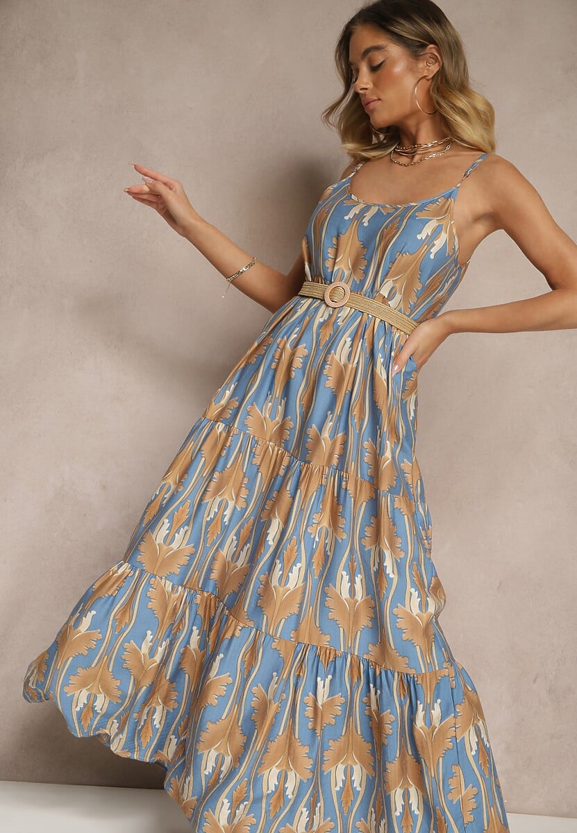 Niebiesko-Beżowa Sukienka w Stylu Boho z Cienkimi Regulowanymi Ramiączkami Tosena