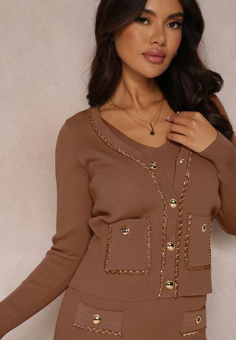 Ciemnobrązowy Komplet 2-częściowy z Prążkowanej Dzianiny Chengi