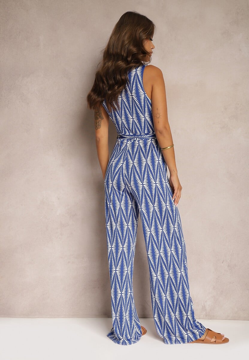 Niebieski Kombinezon Bez Rękawów z Długimi Nogawkami i Paskiem w Talii Vimalizas