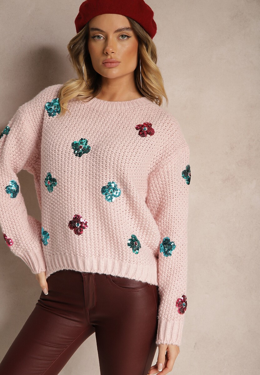 Jasnoszary Sweter z Wiskozą Zdobiony Cekinowymi Aplikacjami z Kwiatami Edalora