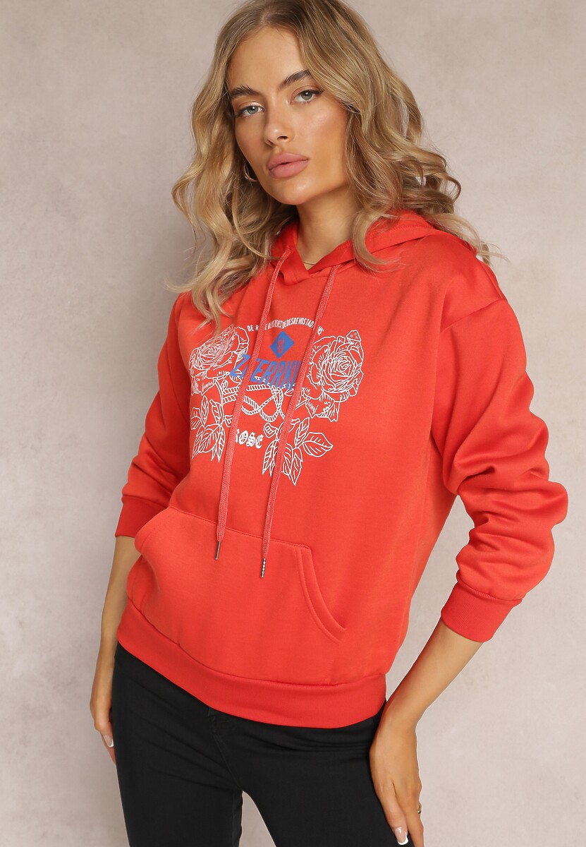 Pomarańczowa Modna Bluza z Nadrukiem i Kapturem Ozdobiona Nadrukiem Arinalu