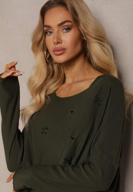 Zielony Dzianinowy Komplet z Wiskozą Sukienka o Dopasowanym Kroju i Sweter z Cyrkoniami Norathra