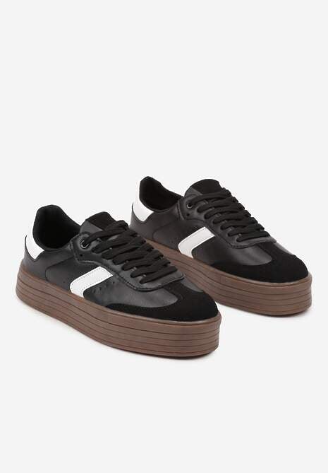 Czarne Sneakersy na Niskiej Platformie z Ekozamszowymi Wstawkami Irisca