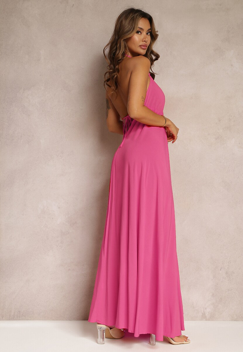 Fuksjowa Rozkloszowana Sukienka Bawełniana z Wiązaniem na Szyi Panethea