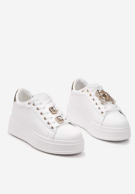 Biało-Złote Sneakersy z Platformą i Odpinanymi Biżuteryjnymi Aplikacjami na Sznurówkach Tamaki