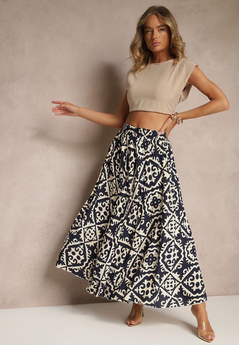 Niebieska Spódnica z Wiskozy z Geometrycznym Motywem Axeria