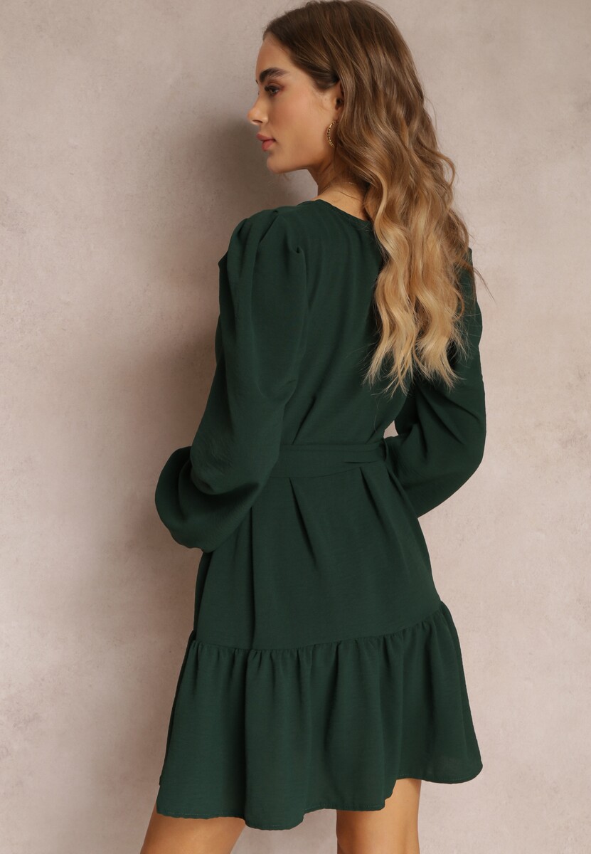 Ciemnozielona Sukienka Pudełkowa z Falbanką Leffo