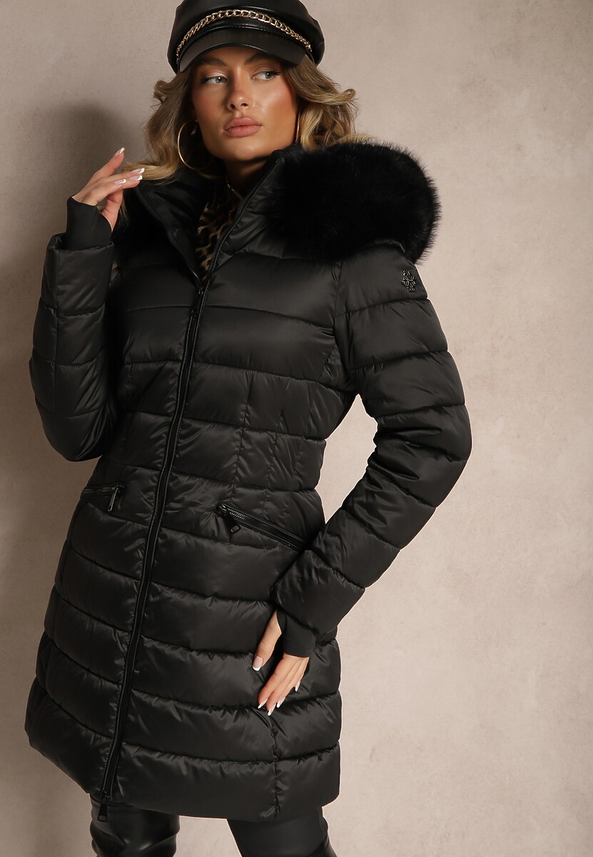 Czarna Kurtka z Odpinanym Kapturem i Futerkiem Pikowana o Dłuższym Fasonie Nadelia