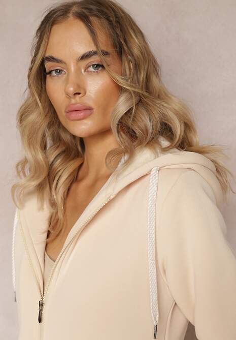Jasnobeżowa Bluza ze Sztucznym Futerkiem i Kapturem oraz Kieszeniami Creactia