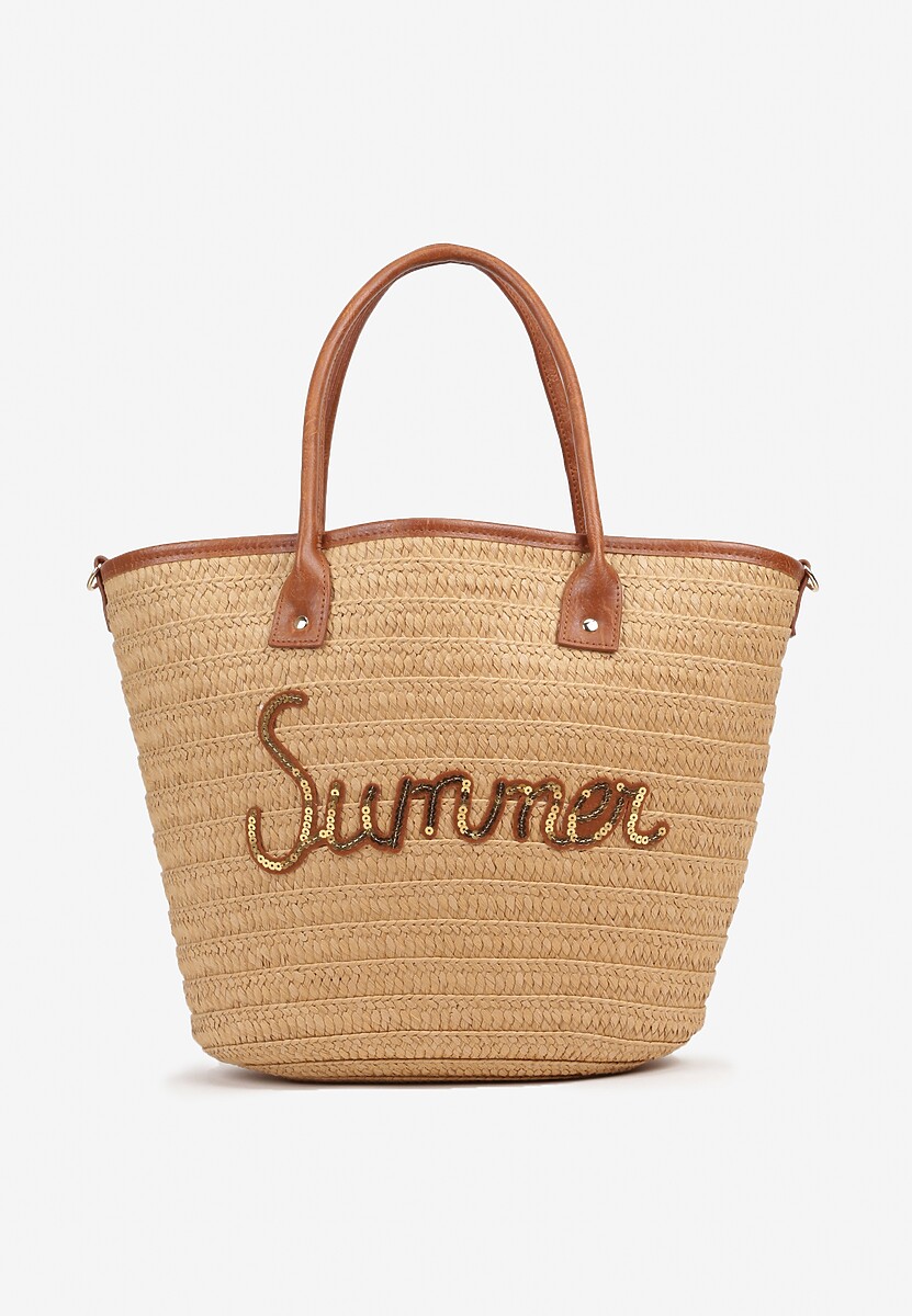 Ciemnobeżowa Torebka Shopperka Ozdobiona Cekinami i Napisem Galinela