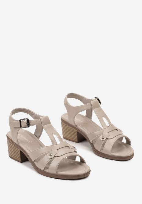 Szare Sandały na Niewysokim Słupku z Ozdobnymi Paseczkami Calixa