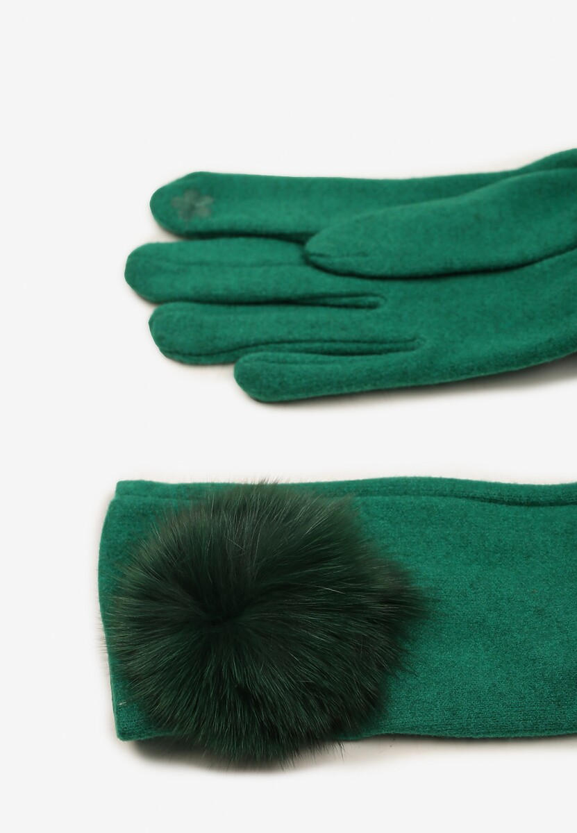 Zielone Rękawiczki z Bawełną Ozdobione Futrzanym Pomponem Nadelina