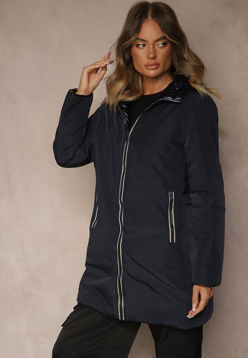 Granatowa Dwustronna Kurtka z Kapturem i Pikowanymi Przeszyciami Alirrise