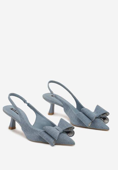 Niebieskie Czółenka na Szpilce Kaczuszce Ozdobione Cyrkoniami i Kokardą Felabra