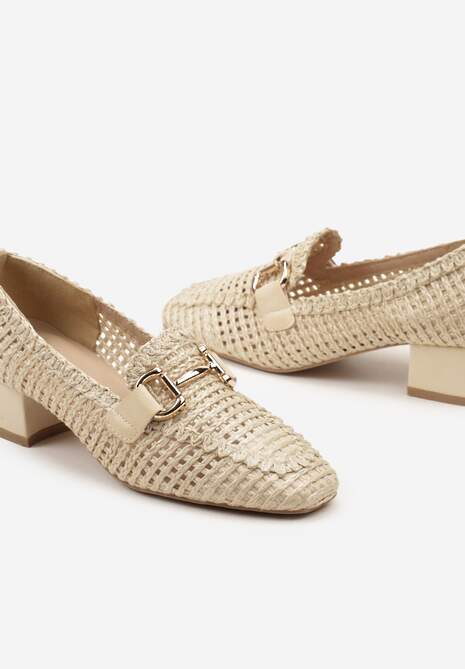 Beżowe Czółenka na Obcasie w Typie Mokasynów z Ażurową Plecioną Cholewką Effissa