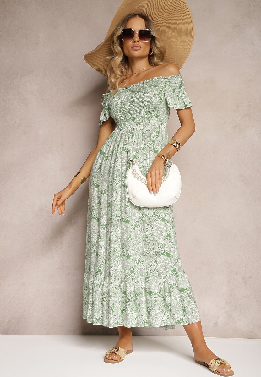 Zielona Bawełniana Sukienka o Fasonie Hiszpanki z Lekką Falbaną Risalins