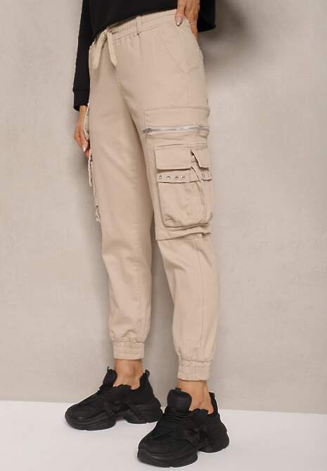 Beżowe Bawełniane Spodnie Bojówki z Gumką w Talii i Kieszeniami Zolarae