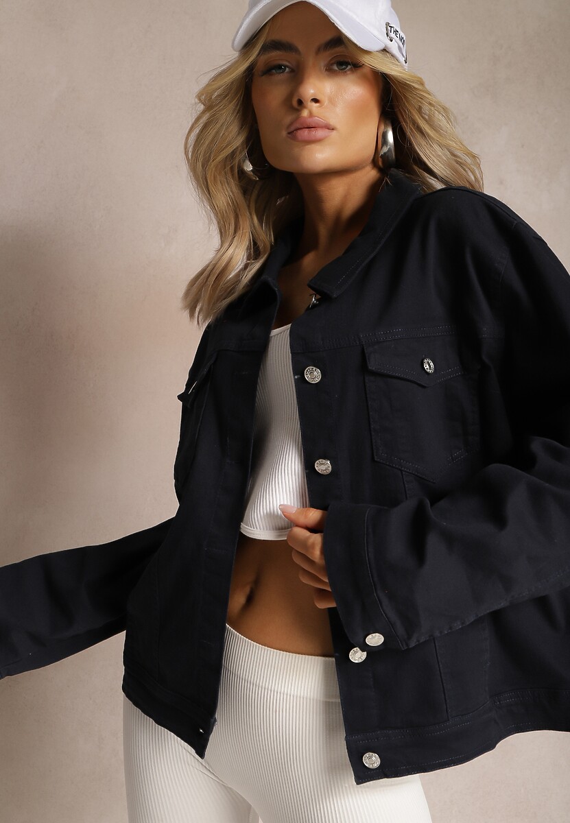 Biała Jeansowa Kurtka z Bawełny z Metalicznym Guzikami Urielati