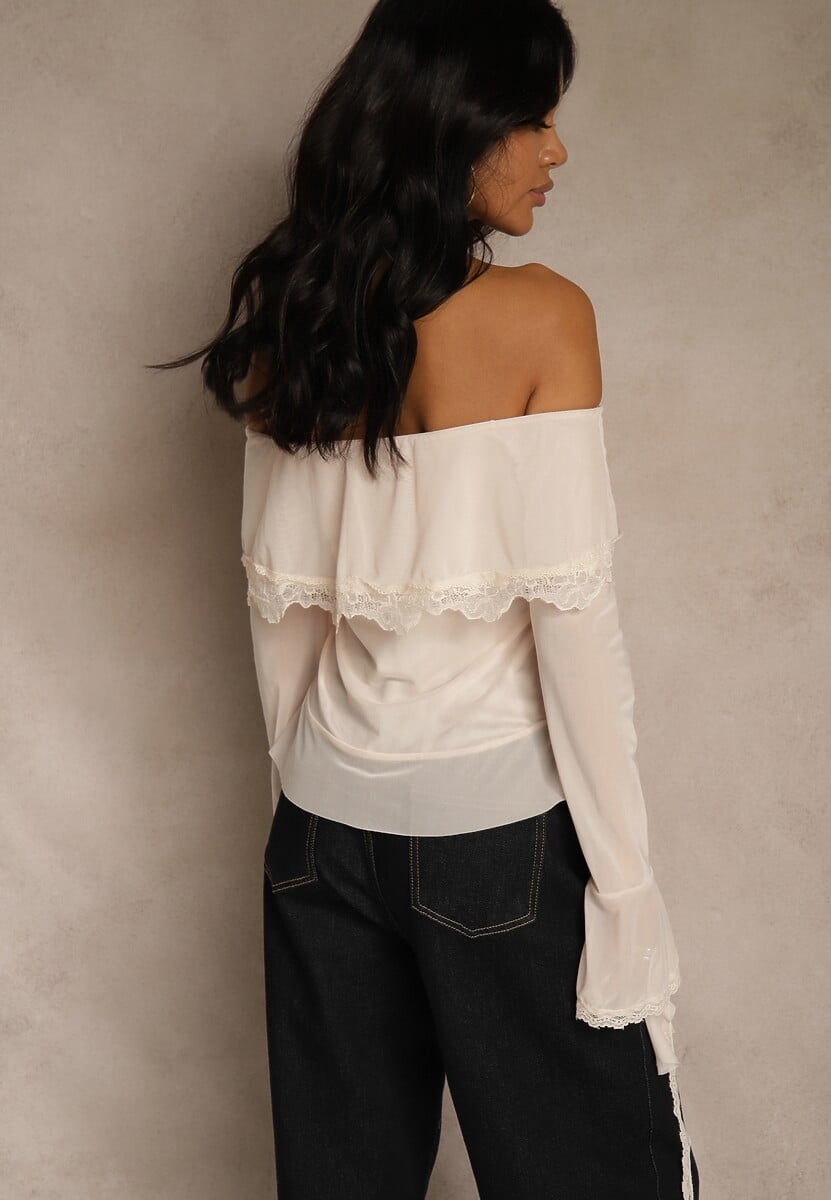 Jasnobeżowa Bluzka Off Shoulder z Falbankami z Siateczki z Bawełny i Wiskozy Fenisella
