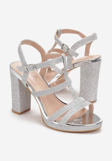 Srebrne Sandały z Cienkimi Brokatowymi Paskami na Słupku Trephone