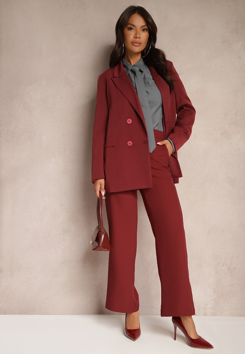 Bordowa Dwurzędowa Marynarka na Guziki z Poduszkami w Ramionach Elennia